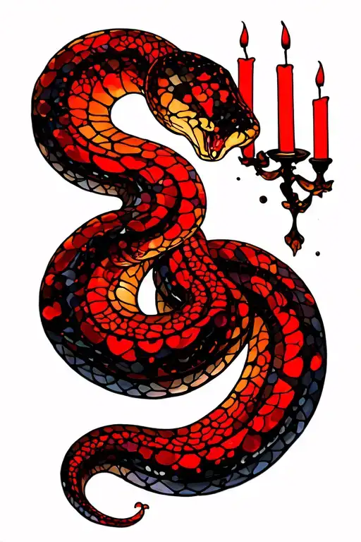 Statue With Snake Coiled Stain Glass Window With Candles