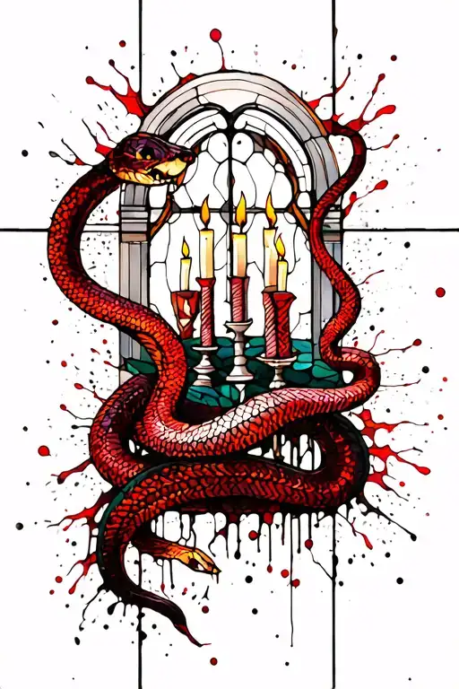 Statue And Snake Coiled Stain Glass Window With Candles