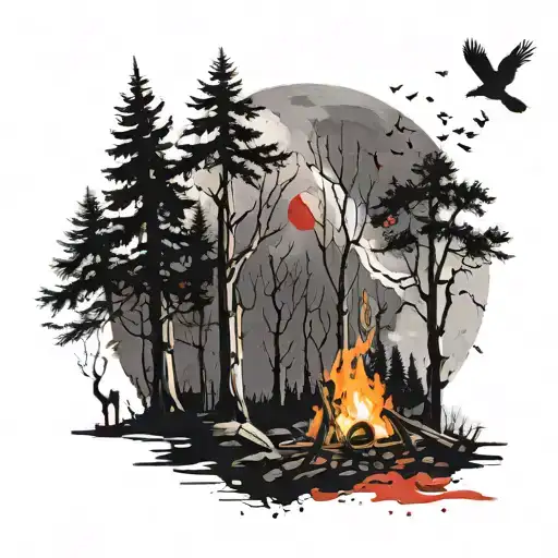 Moonlight Shining Over A Campfire Surrounded By Ghoulish Trees And A Flying Bird Struck By An Arrow