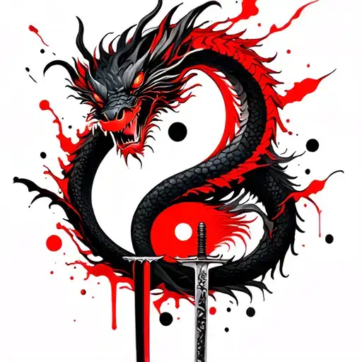 Chinese Dragon Wrapped Around A Katana With The Dragon Being The Yin And The Katana Being The Yang