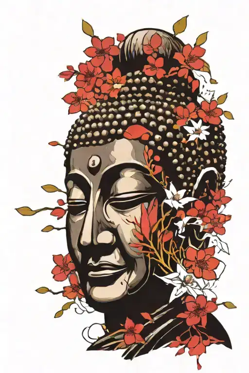 Smiling Buddha Japanese Mask Cherry Blossom Flowers