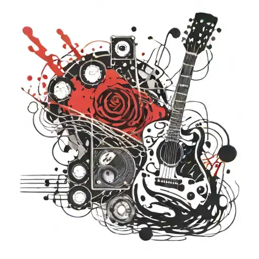 Guitar And Condenser Microphone With Musical Notes