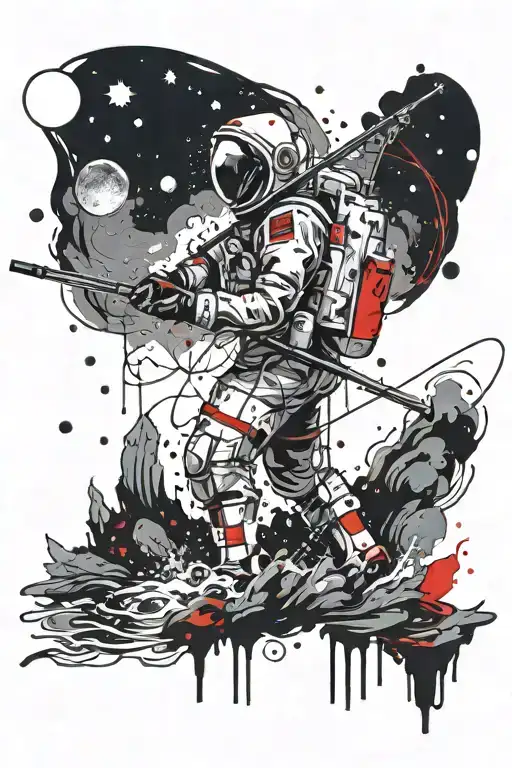 Spaceman Standing With A Fishing Rod In Water With The Night Sky Above Tattoo Design Idea
