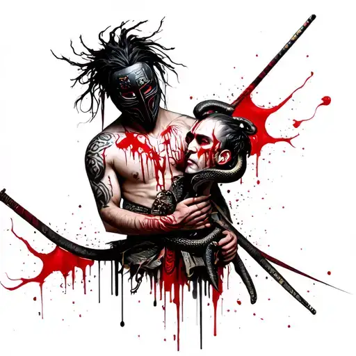 Samurai With Mask And Blood All Over His Body While Holding A Human Head With Snake Hair