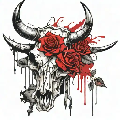 Cow Skull With Dagger And Roses Intertwined