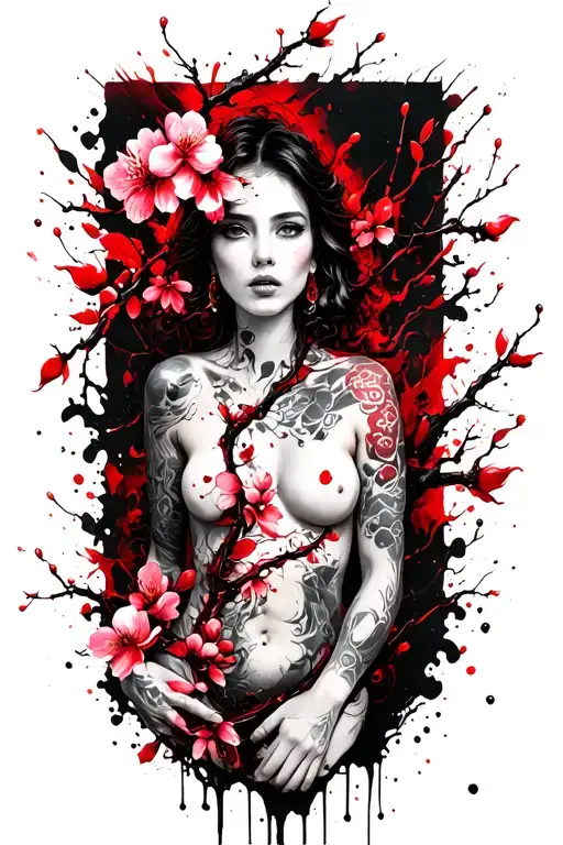 Long Cherry Blossom Vine Intertwined Over Woman Sensual Body