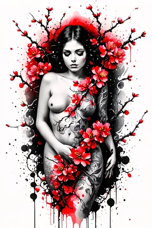 Long Cherry Blossom Vine Intertwined Over Woman Sensual Body