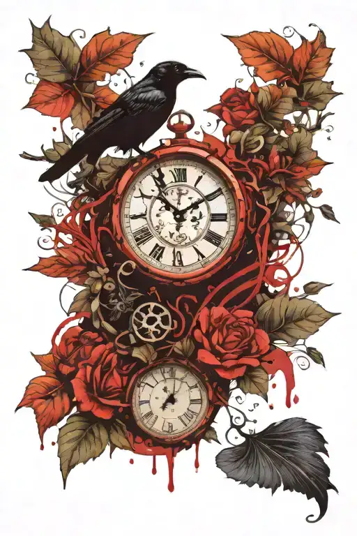 Small Crow Carrying A Clock Covered With Ivy Growing