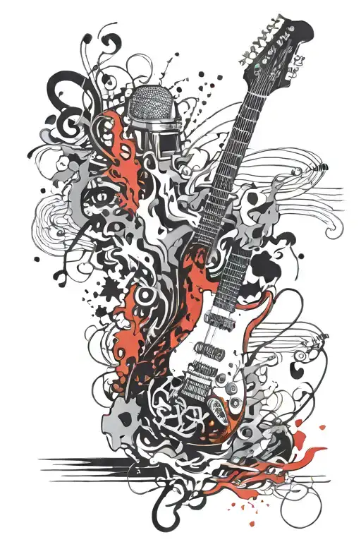 A Microphone And Electric Guitar With Flames And Musical Notes Coming Out Of Them