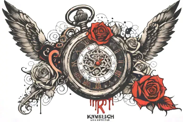The Name Kynzleigh In Calligraphy Inside A Broken Pocket Watch With Roses N Angel Wings