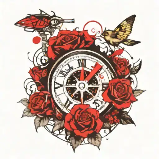 Compass And Key With Roses Intertwined
