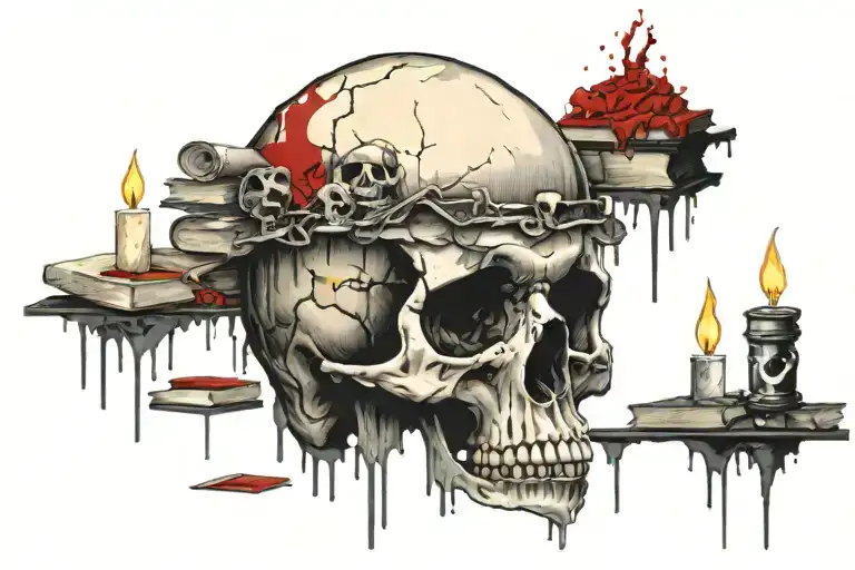 Skull Next To Melting Candle On Top Of Haphazard Stacks Of Books