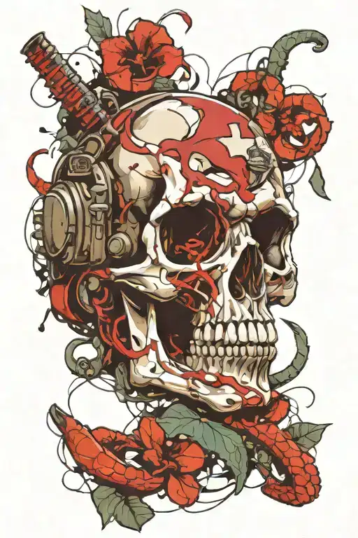 Skull With Broken Military Helmet And A Snake Intertwined