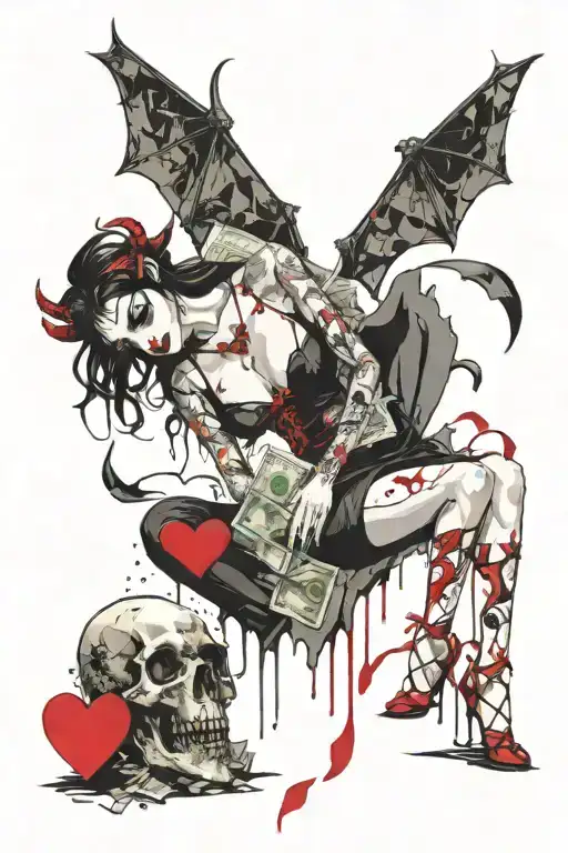 Sexy Succubus Holding Heart Eating It With Money In Flams Surrounding Her
