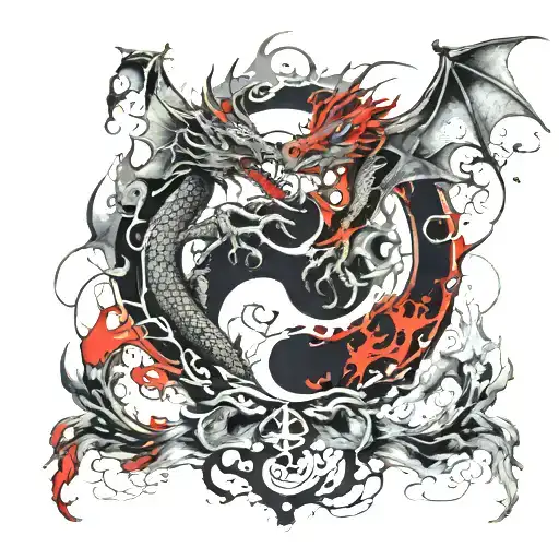 Two Dragons With Smoke And Ying Yang Symbol