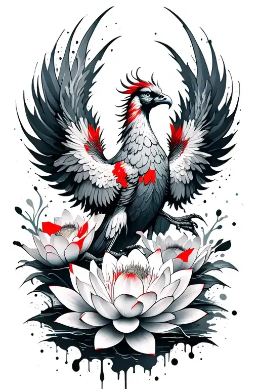 Phoenix Bird Rising Lotus Flowers