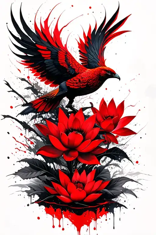 Phoenix Bird Rising Lotus Flowers