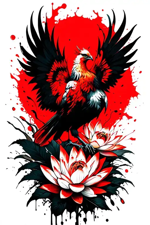 Phoenix Bird Rising Lotus Flowers