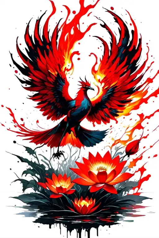 Fiery Phoenix Flying Emerging From Lotus Flowers