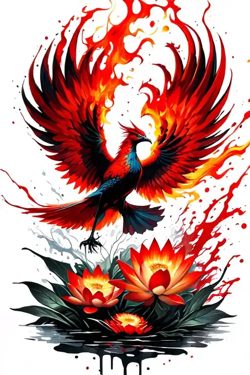 Fiery Phoenix Flying Emerging From Lotus Flowers