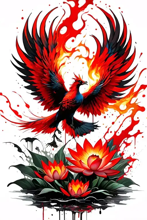 Fiery Phoenix Flying Emerging From Lotus Flowers