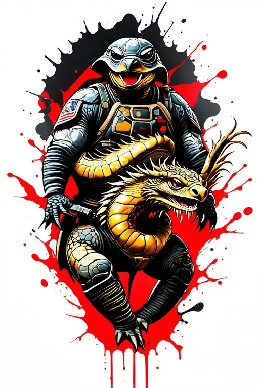 Shellback Turtle Wearing Us Navy Gear Fighting With A Golden Dragon