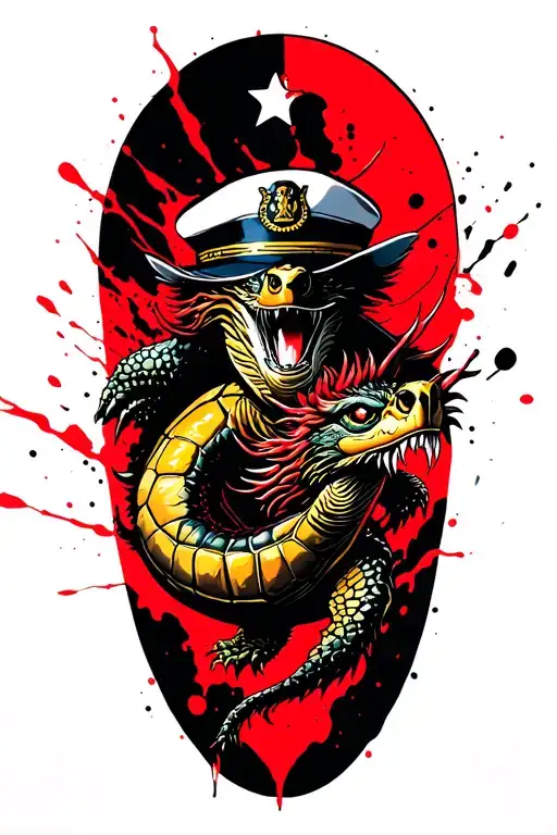 Shellback Turtle Wearing Us Navy Hat Fighting With A Golden Dragon