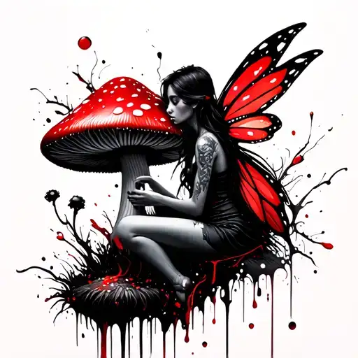 Fairycore Style Fairy With Tattered Wings Sitting On A Mushroom With Sim In Her Hand