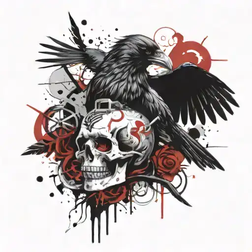 Raven Holding Skull In Talons With Mystical Symbols Around It