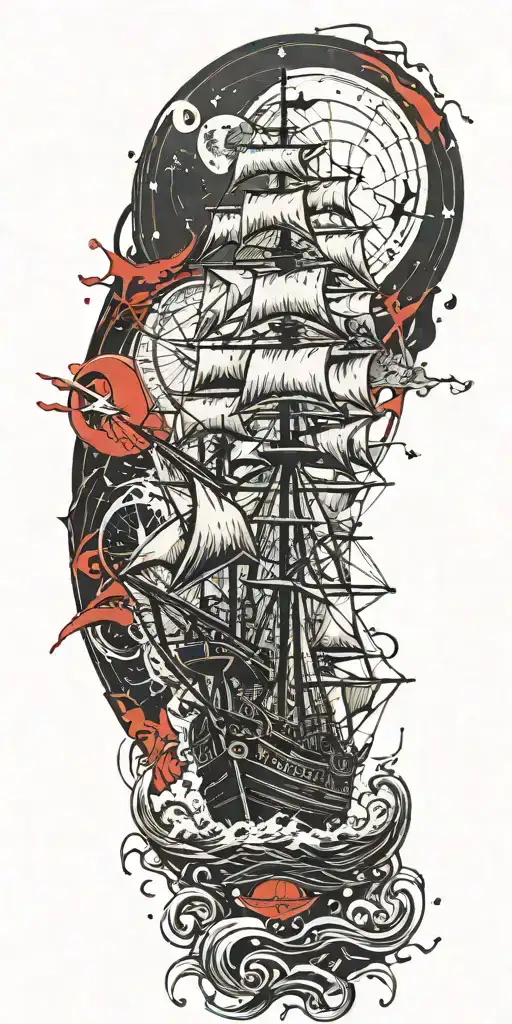 Small Pirate Ship Stormy Seas Compass Rose Falling Moon Black Flag