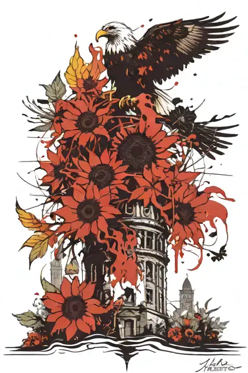 Eagle Tower Surrounded By Sunflowers And Trees And Water