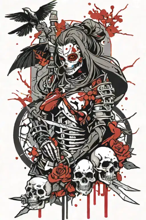 Realistic Anime Beautiful Warrior Girl Skull Katana Hourglass Bloody Cherry Tree Raven