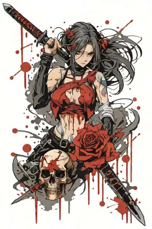 Realistic Anime Beautiful Warrior Girl Piercing A Bloody Skull With A Katana Hourglass C