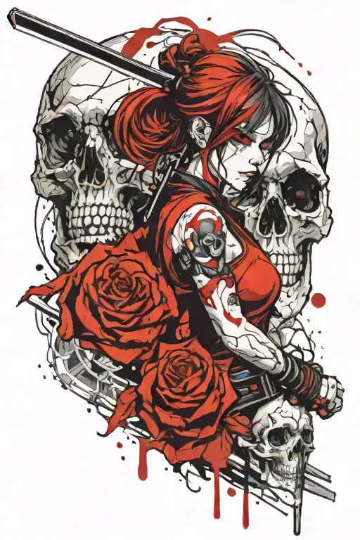 Realistic Anime Beautiful Warrior Girl Piercing A Bloody Skull With A Katana Hourglass C