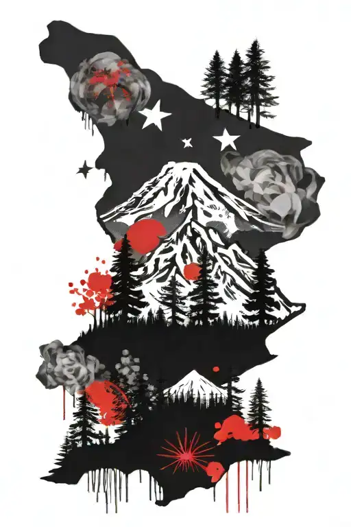 Mt Rainier On Top With Pine Tree Forrest On Bottom With Cherry Blossom Trees And Cacti