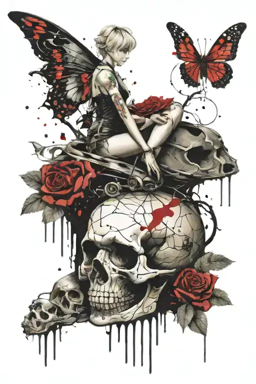 Tinkerbell Sitting On A Skull Tattoo