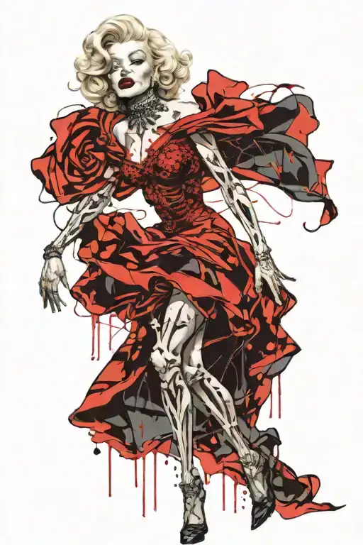 Human Skeleton In A Dress Blown By The Wind In A Pose Like Marilyn Monroe