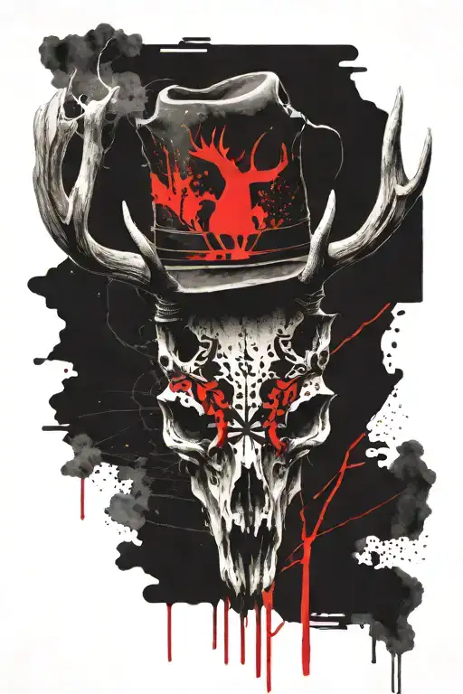Black Stencil Deer Skull With A Cowboy Hat Draped On One Antler
