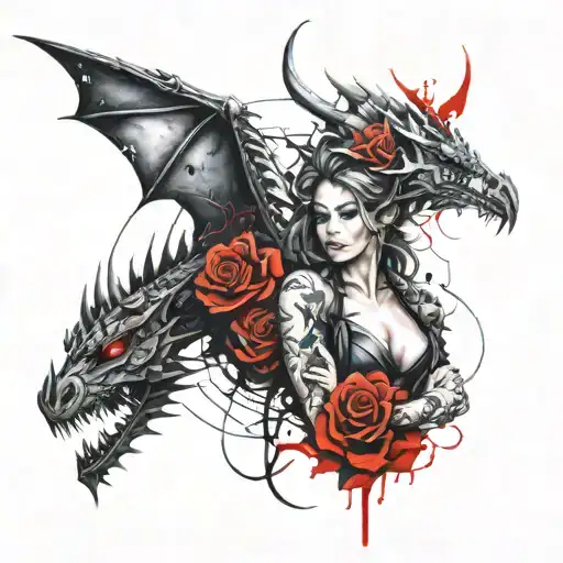 Design A Tattoo On A Women Surrounded With A Dragon Which Also Has A Symbol Of Fire And Rose