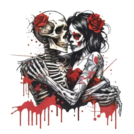 Skeleton In A Hug With A Nude Woman Holding