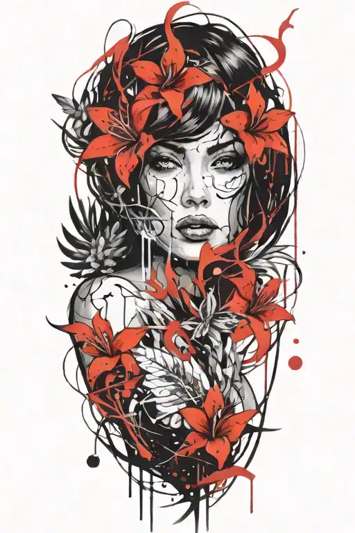 Beautiful Woman With Dark Hair Interwined With Lily Flowers And A Pine Tree