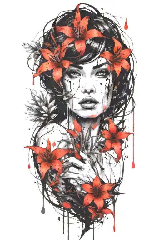 Beautiful Woman With Dark Hair Interwined With Lily Flowers And A Pine Tree