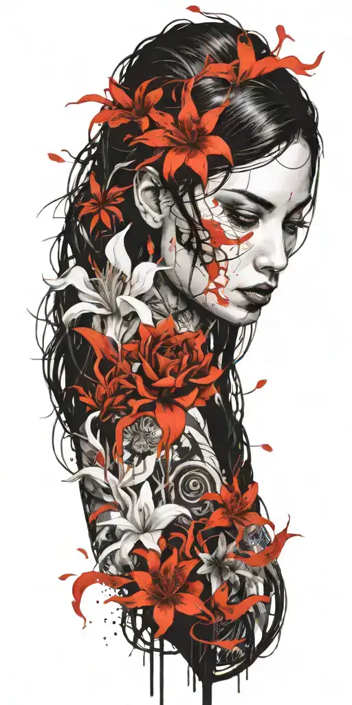 Beautiful Woman With Dark Hair Interwinig With Dragon And White Lily Flowers