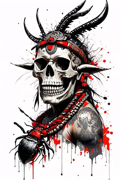 Polynesian Warrior Skull Wear A Necklace Made Of Bull Ants