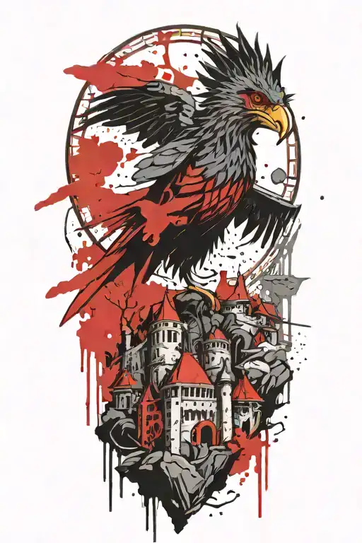 A Warhammer Inspired Tattoo Featuring A Mythical Bird Perched Atop A Mountain Fortress