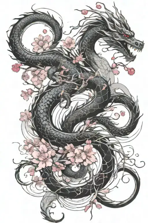 Dragon And Cherry Blossom Tree With Waves