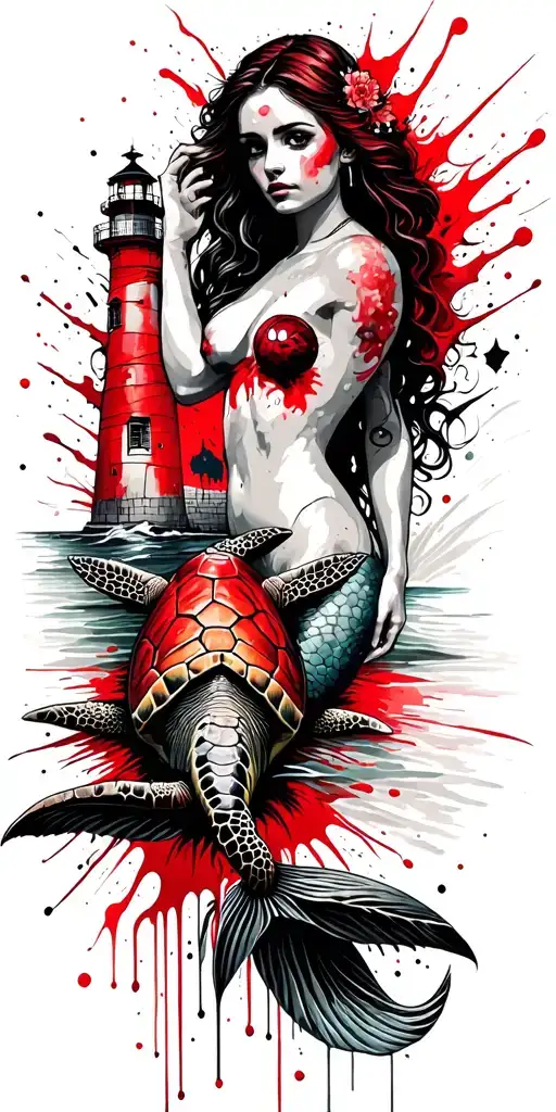 Land And Sea With Mermaid And Sea Turtle And Lighthouse