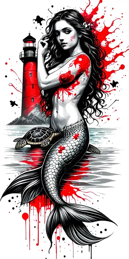 Land And Sea With Mermaid And Sea Turtle And Lighthouse