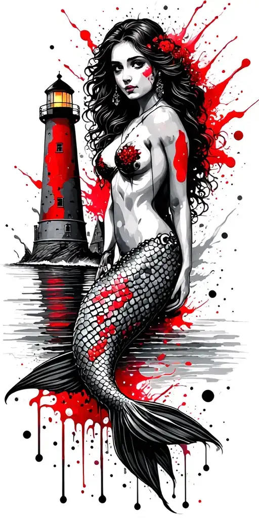 Mermaid And And Lighthouse Over Looking The Ocean