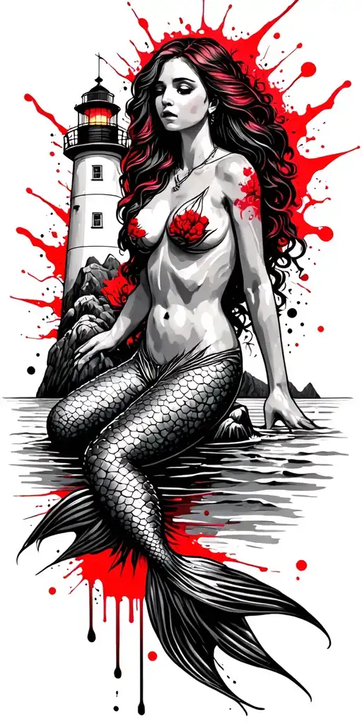 Mermaid Sitting On A Rock And And Lighthouse Over Looking The Ocean